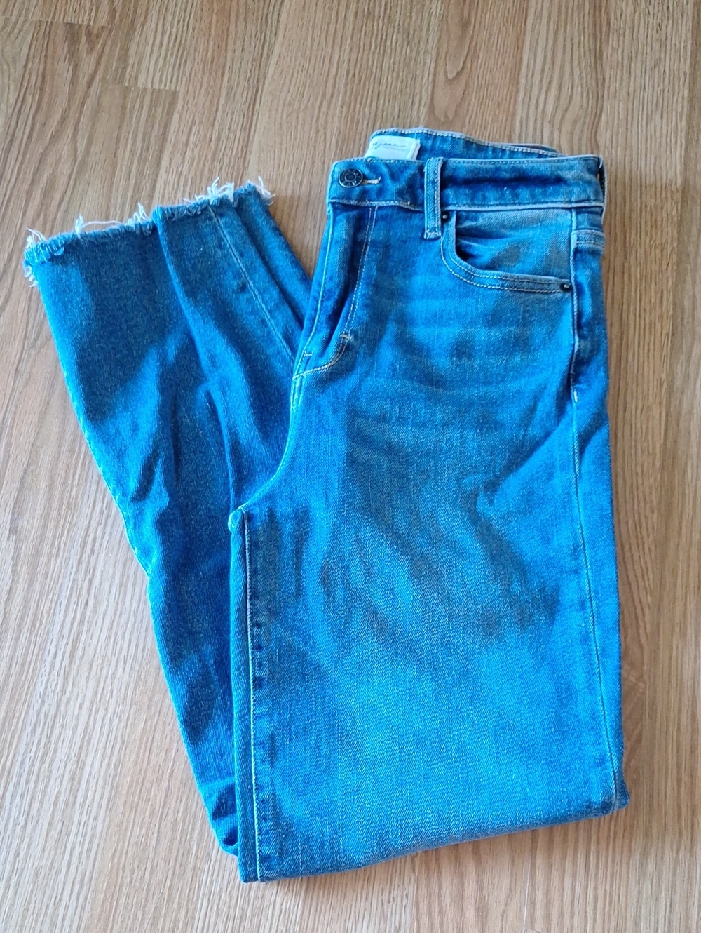 Carly Jean Los Angeles Medium Blue Straight Leg Jeans with Frayed Hem